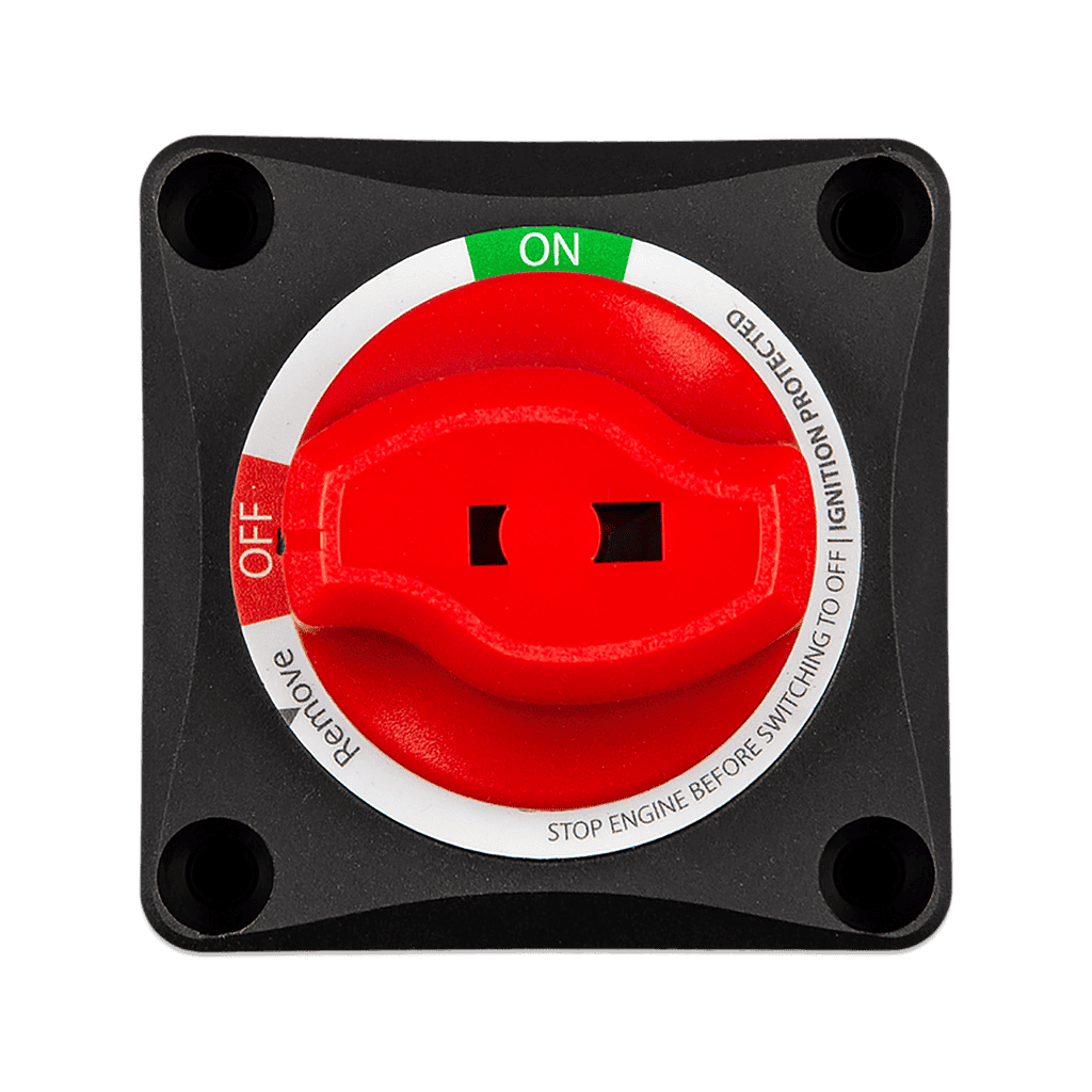 Front view of Victron 275A battery switch with red rotary knob and On Off positions