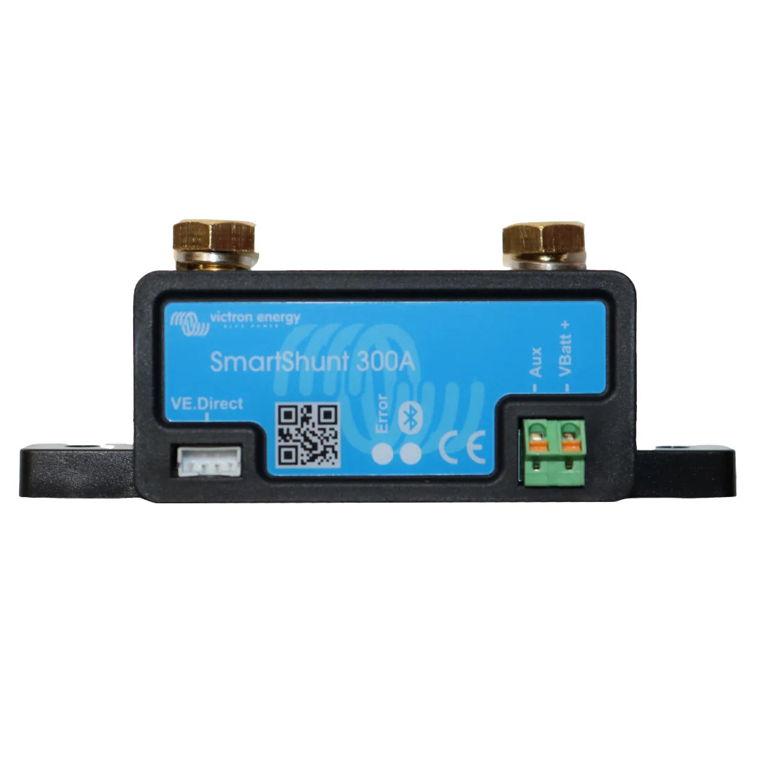 Front view of Victron 300A SmartShunt showing VE.Direct port, status LEDs and terminal block