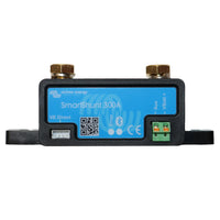 Front view of Victron 300A SmartShunt showing VE.Direct port, status LEDs and terminal block