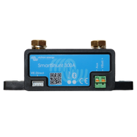 Front view of a Victron SmartShunt 300A battery monitor with interface ports and status labels