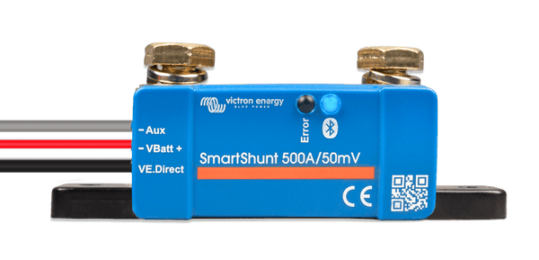 Blue battery monitor shunt with status LEDs and brass terminal bolts