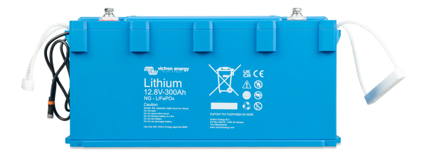 Front view of blue 300Ah lithium battery highlighting the IP65 enclosure