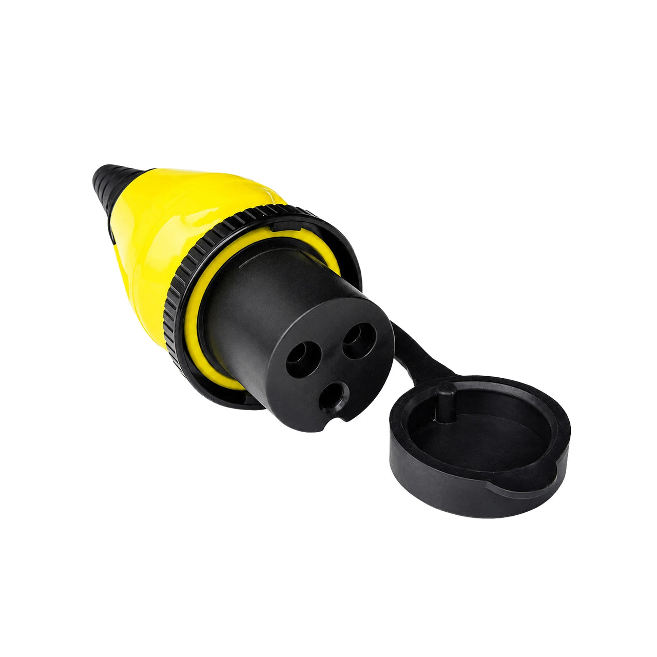 Yellow and black 32A shore power plug with protective cap open and threaded locking ring