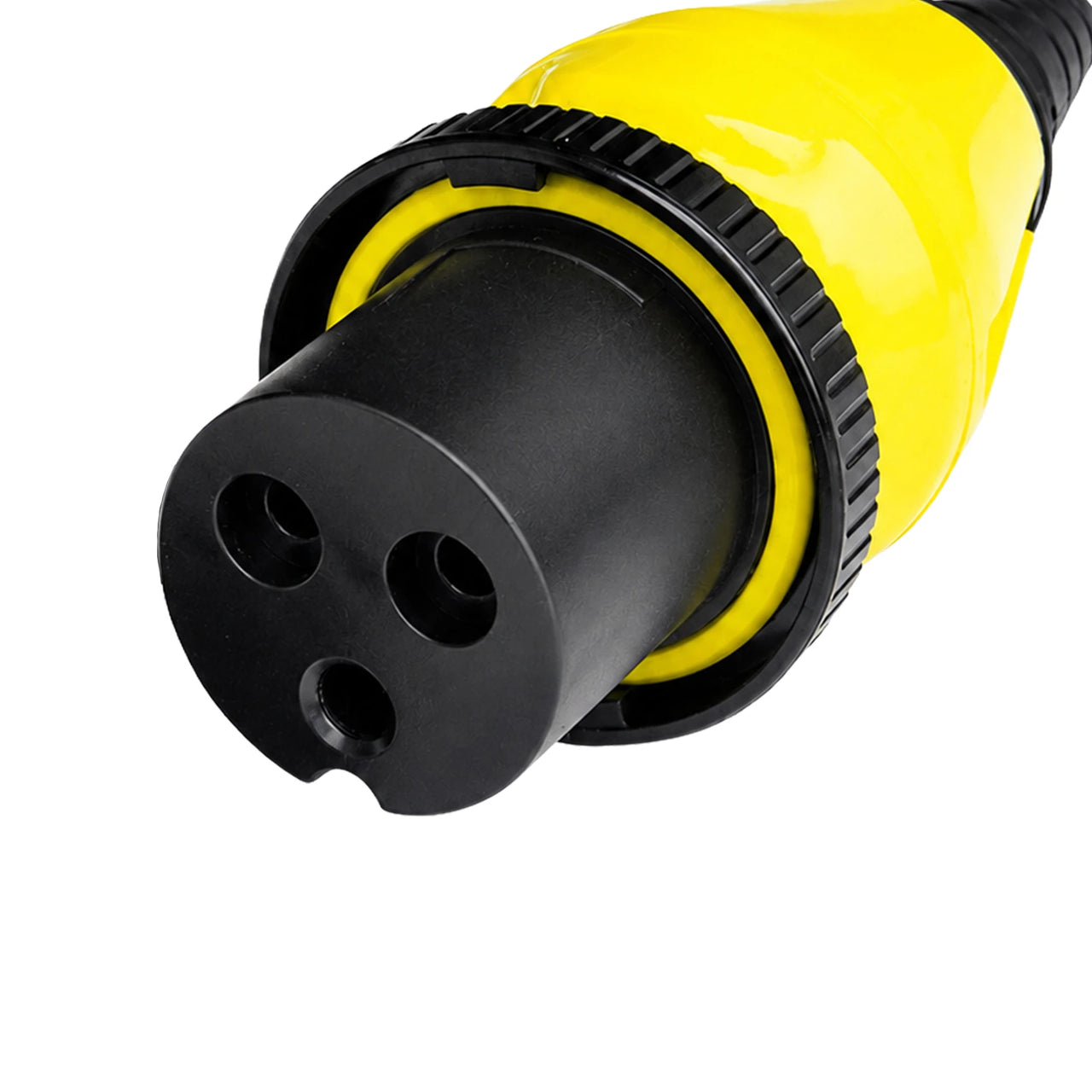 Close-up of the black 3-pin connector face of the 32A shore power plug