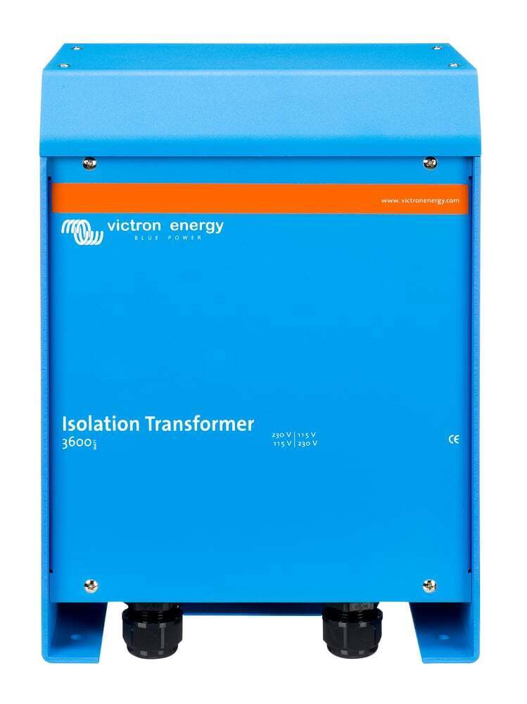 Front view of blue 3600W isolation transformer with dual bottom cable glands and labelling