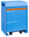 Front perspective of blue Victron 3600W isolation transformer with cable glands and recessed handles