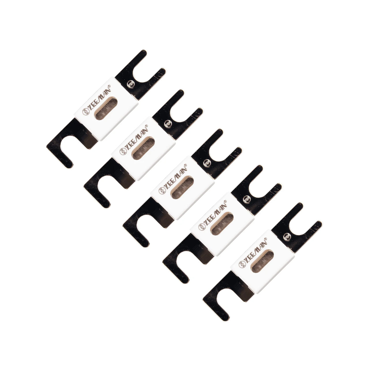 Five 400A ANL fuses with white ceramic housings and silver-toned slotted terminals