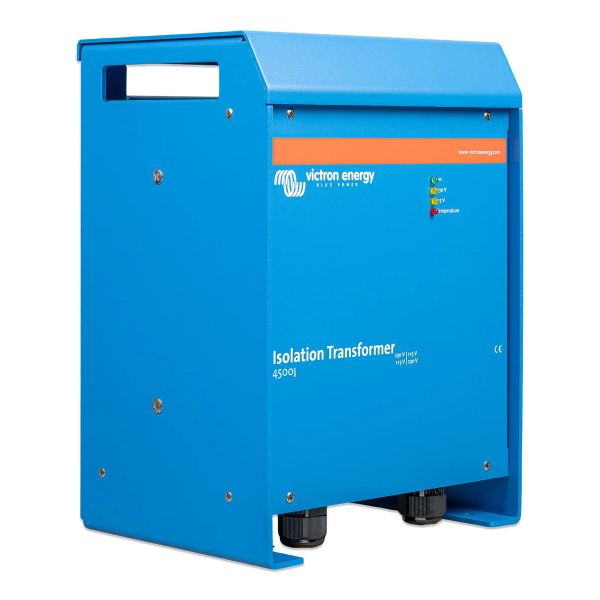 Angled perspective view of the blue Victron 4500W isolation transformer enclosure