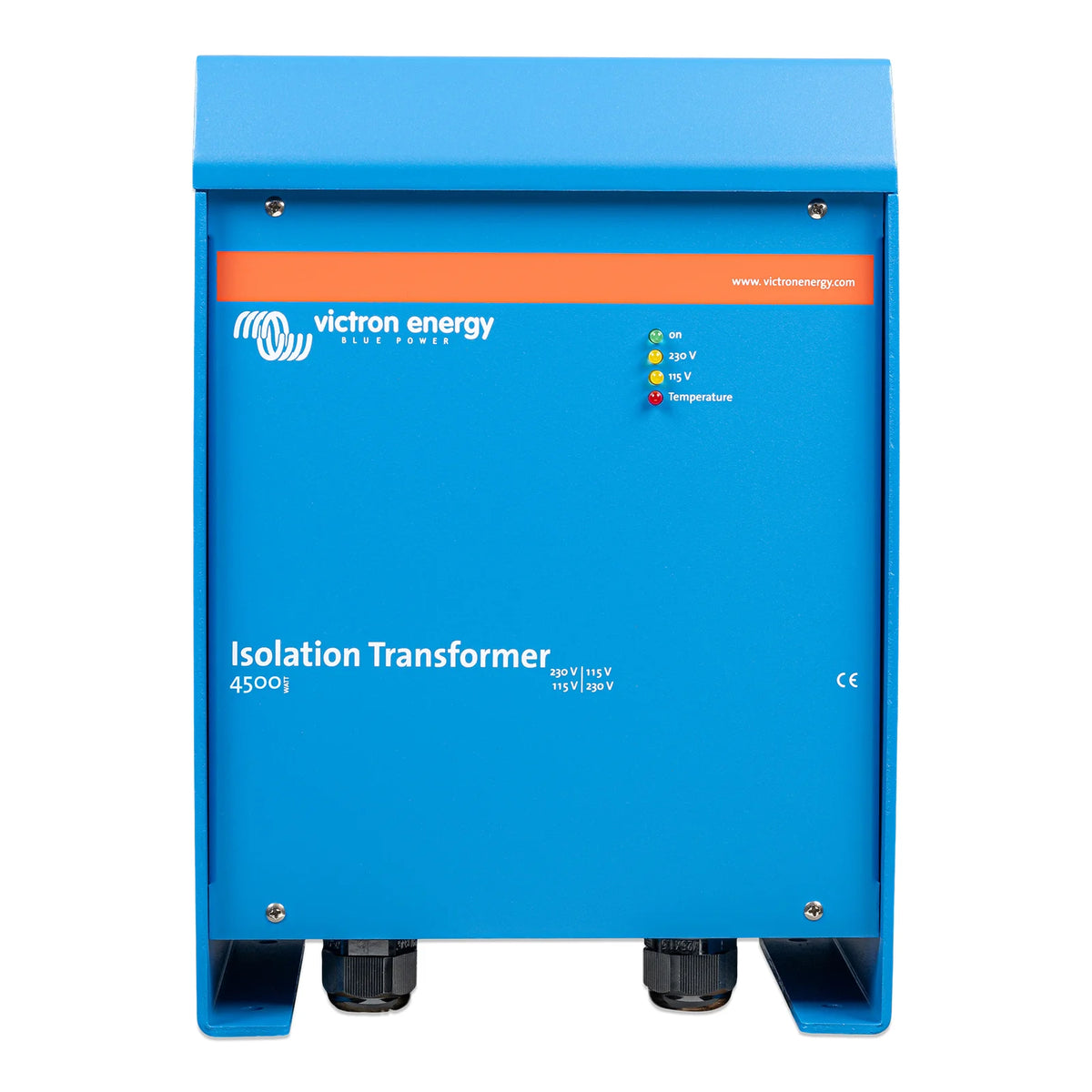 Front view of blue Victron isolation transformer with status LEDs and cable glands