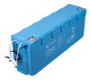Angled view of the slimline 48V 100Ah Victron lithium battery in its signature blue enclosure