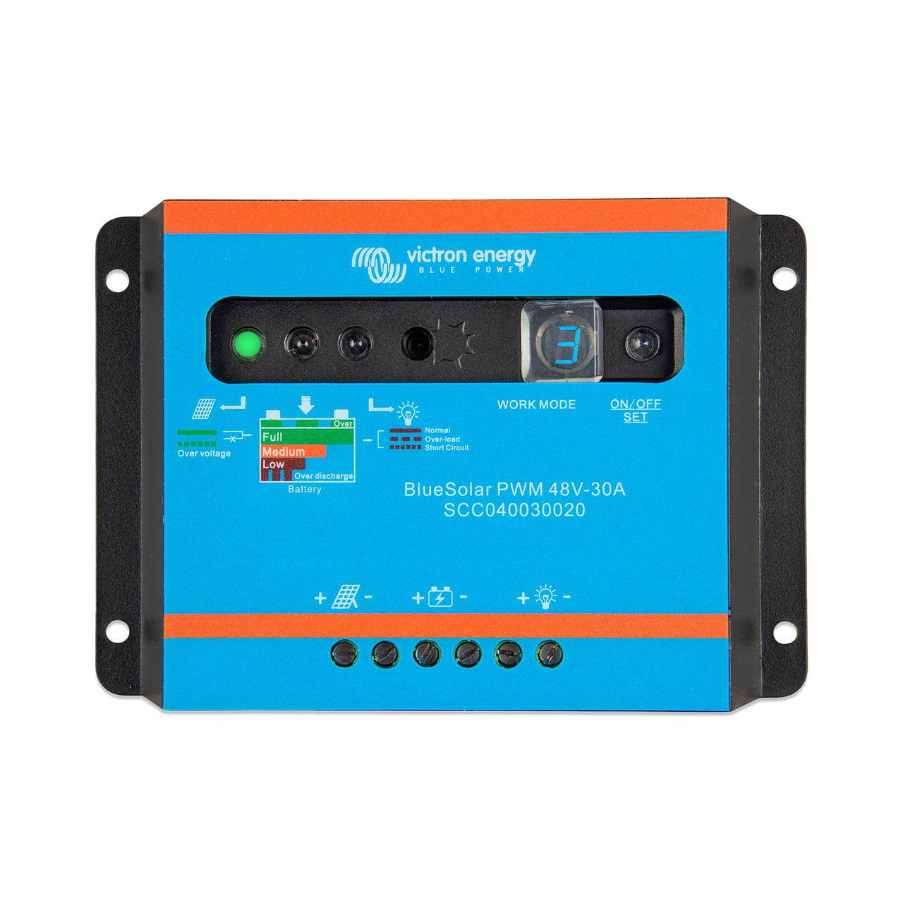 Victron Energy BlueSolar PWM 48V-30A solar charge controller, model SCCD040030020, featuring a bright blue front panel with orange accents, black side brackets, and a digital display showing '3'.
