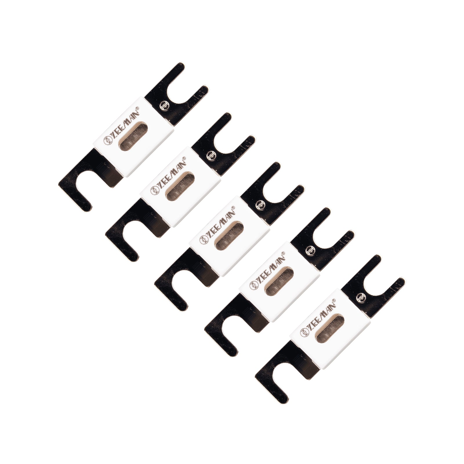 Pack of five 500A 80V ANL fuses with white bodies and metal fork terminals