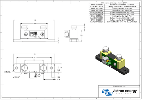 Dimensional technical drawing for the included 500A battery monitor shunt