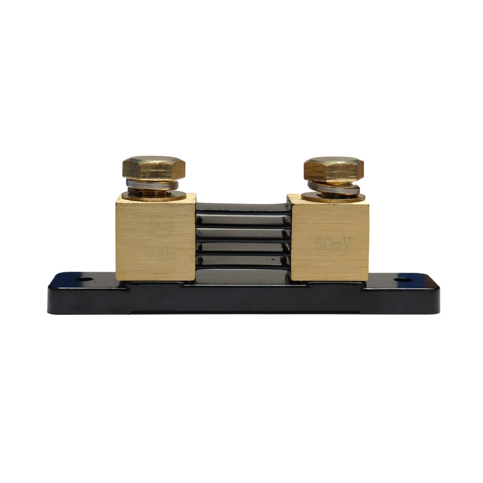 Front view of the 500A 50mV Victron current shunt showing brass blocks and central resistor