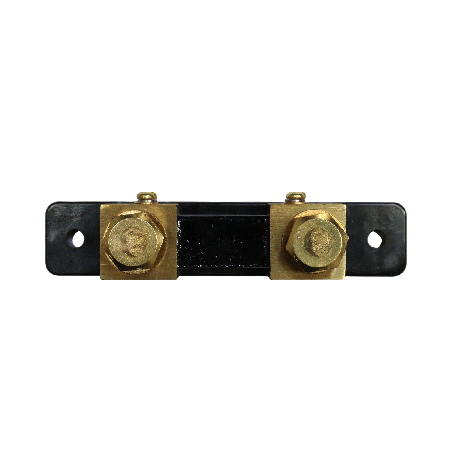 Top-down view of the Victron 500A shunt highlighting connection bolts and mounting holes