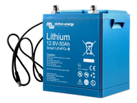 Angled view of 12V 50Ah smart lithium battery showing blue protective casing and top terminals