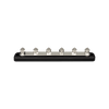 Side view of a 150A 6-terminal busbar with stainless steel studs and black ABS base