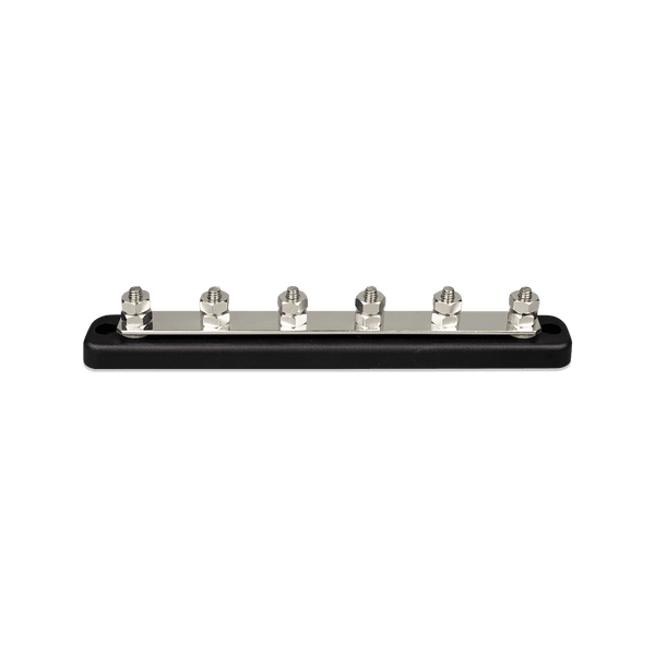 Side view of a 150A 6-terminal busbar with stainless steel studs and black ABS base