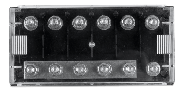 Top-down view of a Victron 6-way MEGA-fuse holder with clear cover