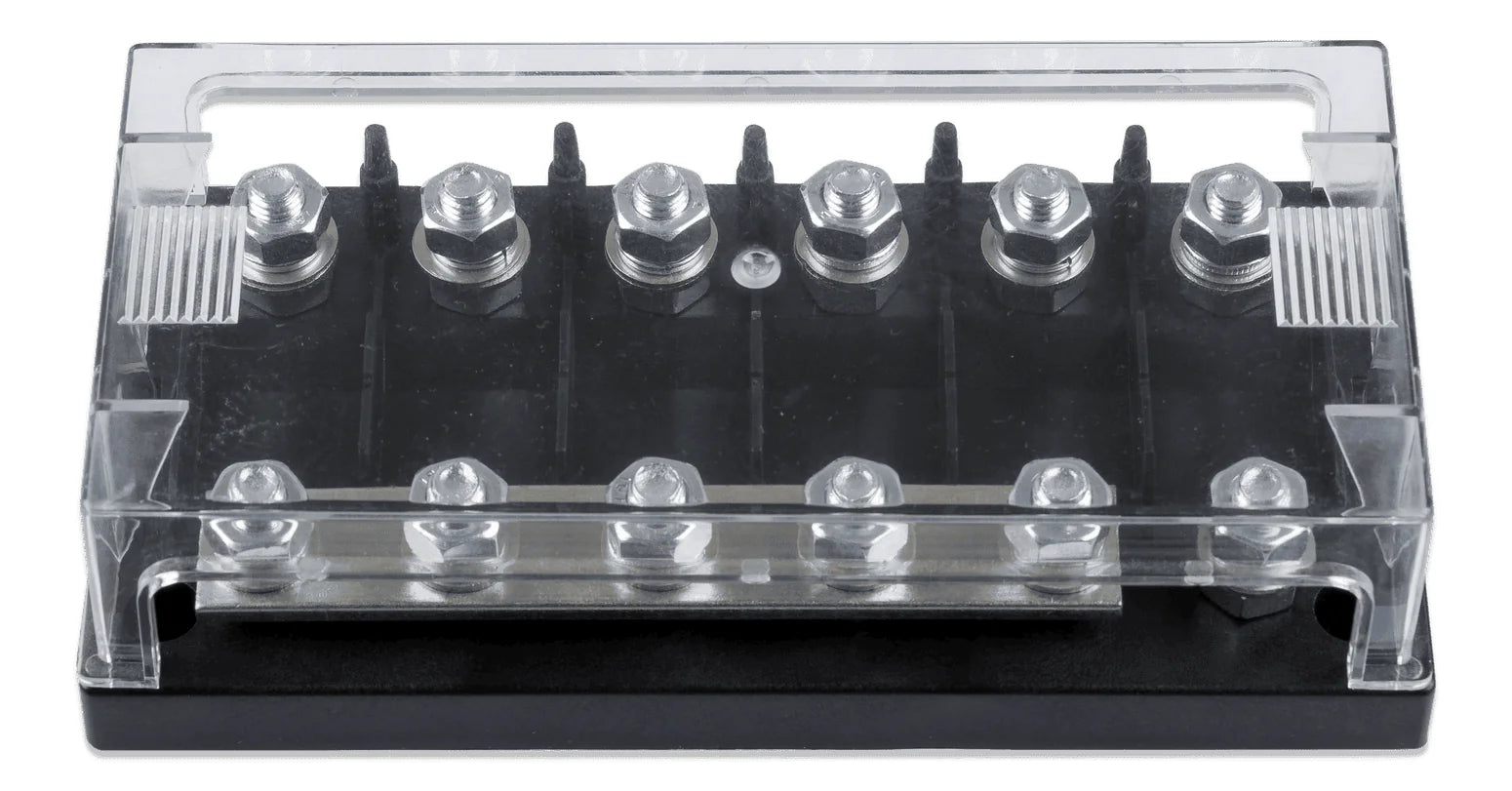 6-way MEGA-fuse holder with clear protective cover and black ABS base