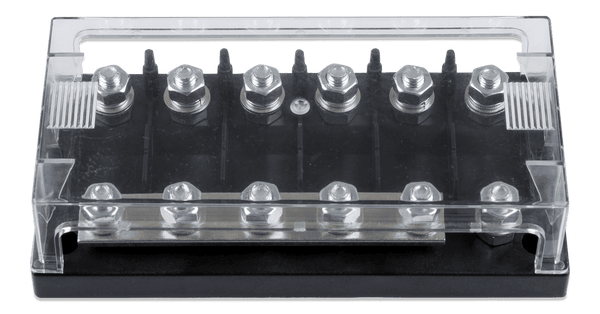 6-way MEGA-fuse holder with clear protective cover and black ABS base