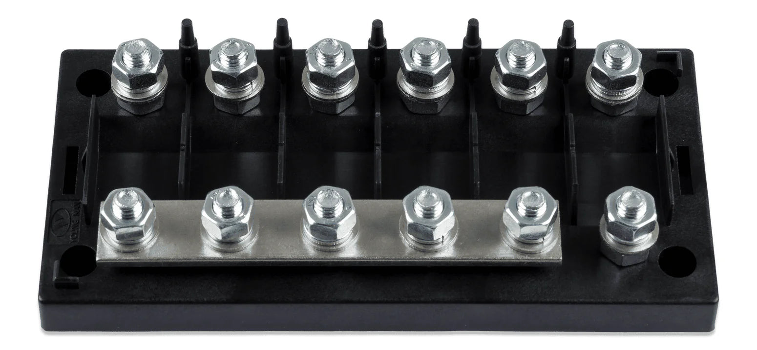 6-way MEGA-fuse holder without cover showing terminal studs and busbar