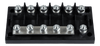 6-way MEGA-fuse holder without cover showing terminal studs and busbar
