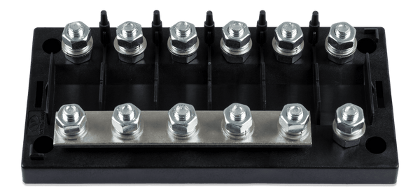 6-way MEGA-fuse holder without cover showing terminal studs and busbar