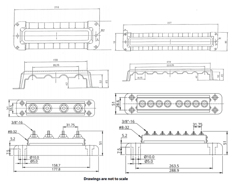 Dimensional drawings for 4P and 8P Victron busbars and covers with metric measurements