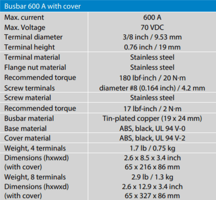 Specifications table for Victron 600A busbar detailing current, voltage and material specs