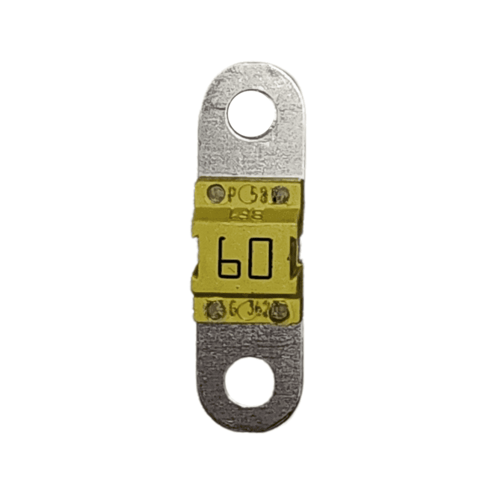 60A 58V MIDI fuse with metallic finish and circular mounting holes on a white background
