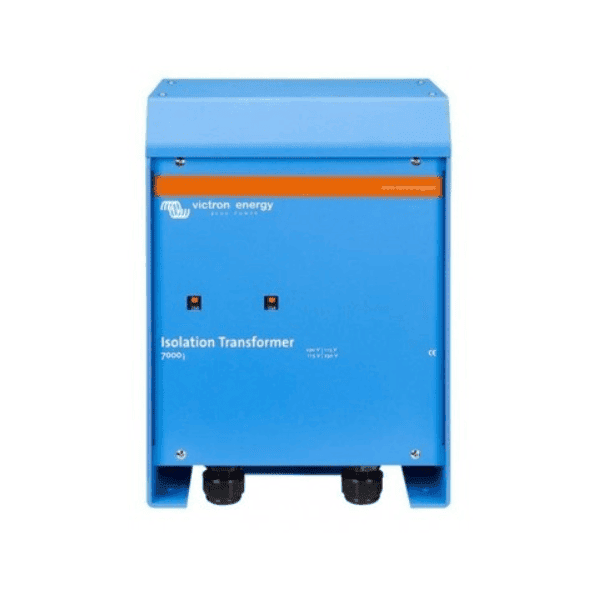 Front view of Victron 7000W 230V isolation transformer in blue metal enclosure