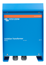 Front view of blue Victron Energy 8000W 230V isolation transformer in aluminium enclosure