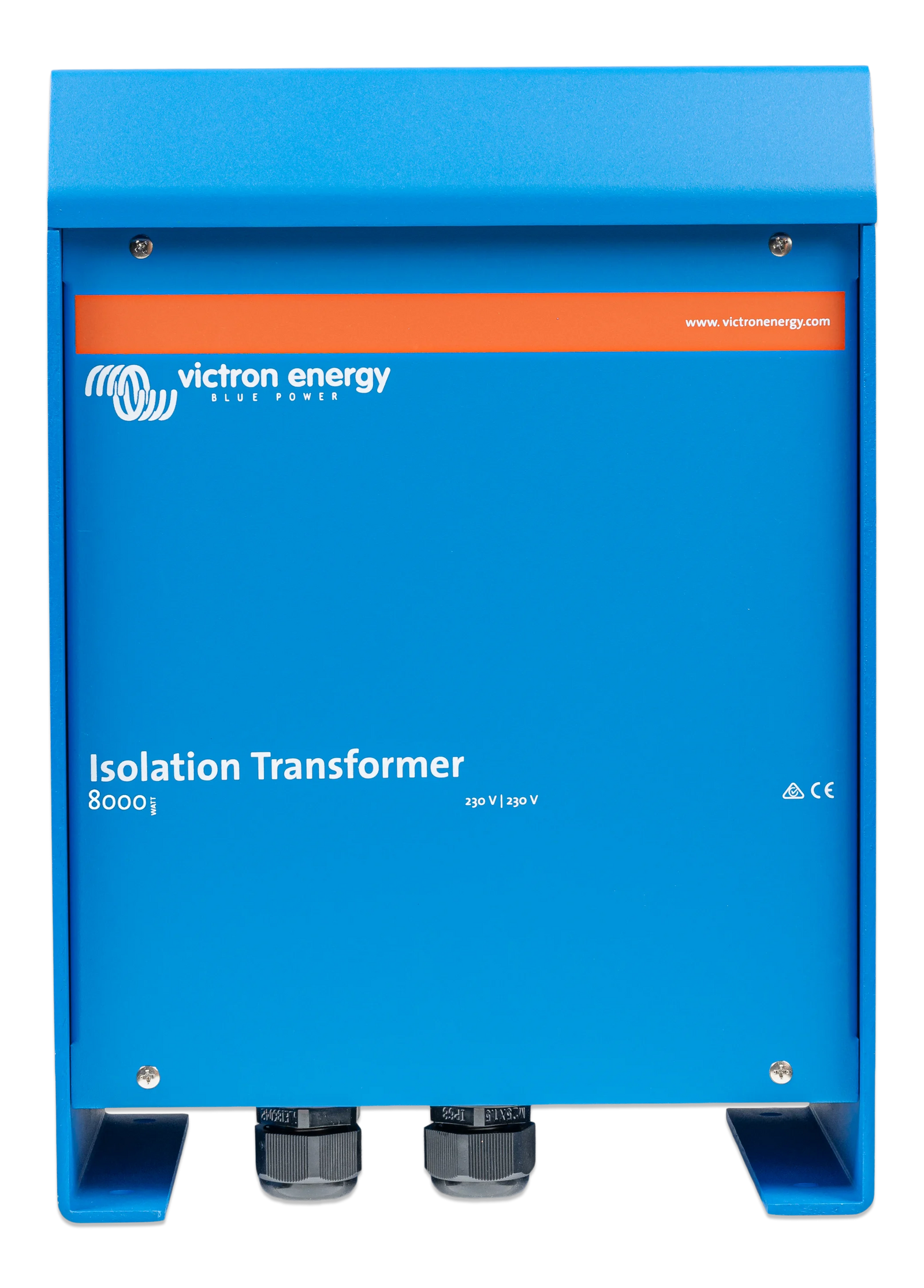 Front view of blue Victron Energy 8000W 230V isolation transformer in aluminium enclosure