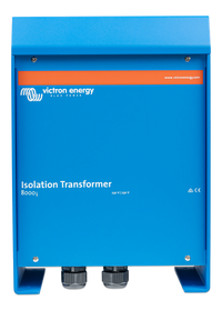 Front view of blue Victron Energy 8000W 230V isolation transformer in aluminium enclosure