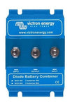 Front view of blue Victron Diode Battery Combiner with three M6 bolt terminals and cooling fins