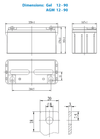 Dimensional drawing of the Victron 90Ah AGM battery showing width, height and terminal details