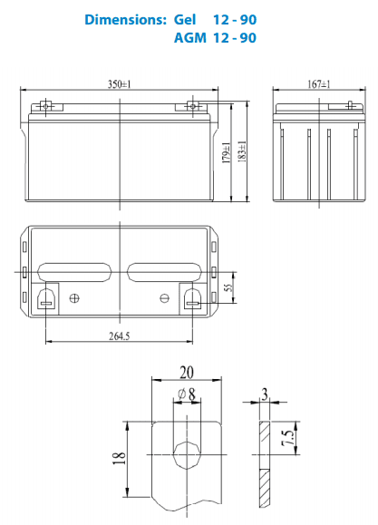 Dimensional drawing of the Victron 90Ah AGM battery showing width, height and terminal details
