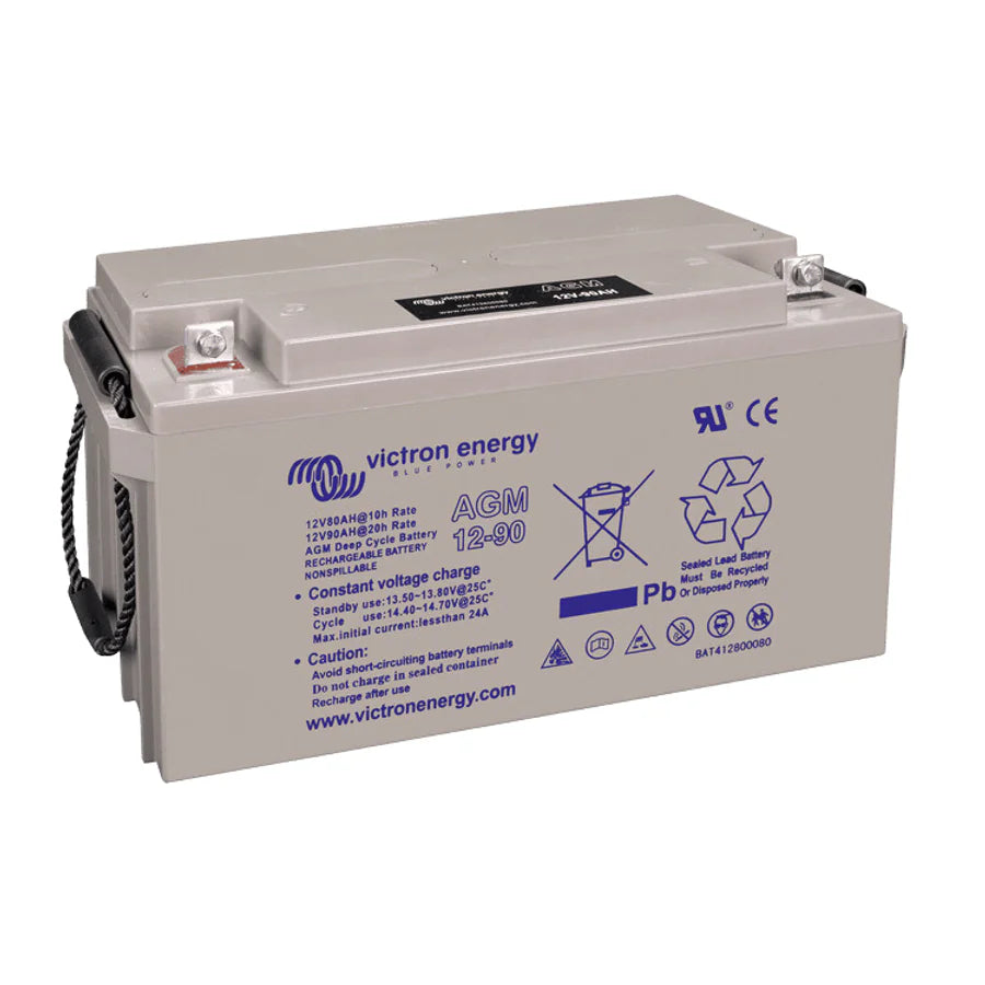 Perspective view of a Victron 12V 90Ah AGM battery showing carrying handles and top terminals