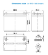 Technical dimensional drawing of the 110Ah AGM battery showing measurements in millimetres