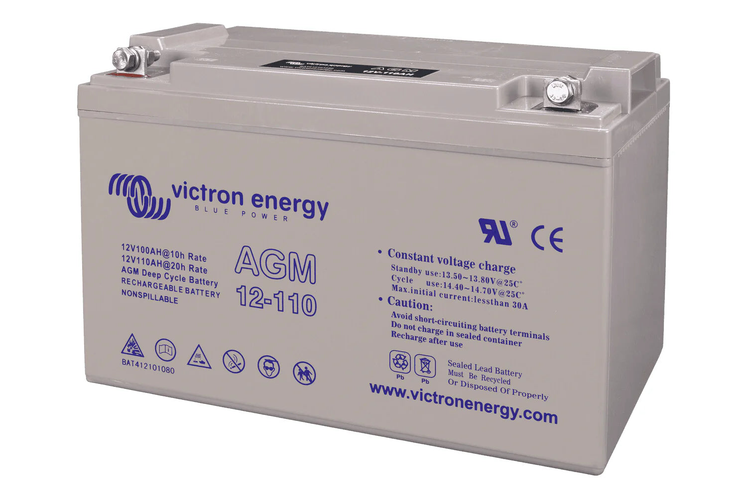 Side perspective of the Victron AGM 12-110 rechargeable battery with M8 terminals