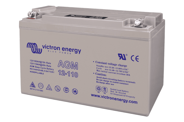 Side perspective of the Victron AGM 12-110 rechargeable battery with M8 terminals