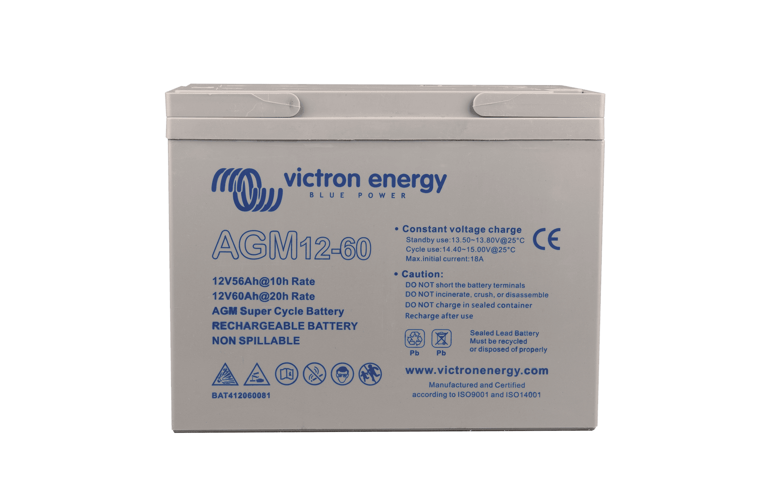 Direct front view of Victron AGM 12-60 Super Cycle battery showing label details and safety icons