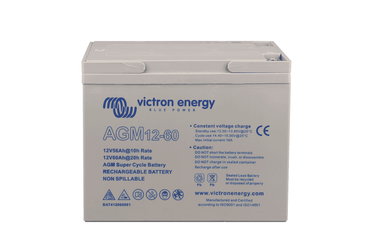 Front view of a grey Victron AGM 12-60 Super Cycle battery with technical specifications printed on the casing