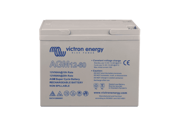 Front view of a grey Victron AGM 12-60 Super Cycle battery with technical specifications printed on the casing