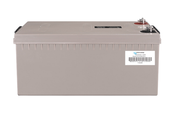 Rear side of the 12V 220Ah AGM battery with product barcode and SKU label