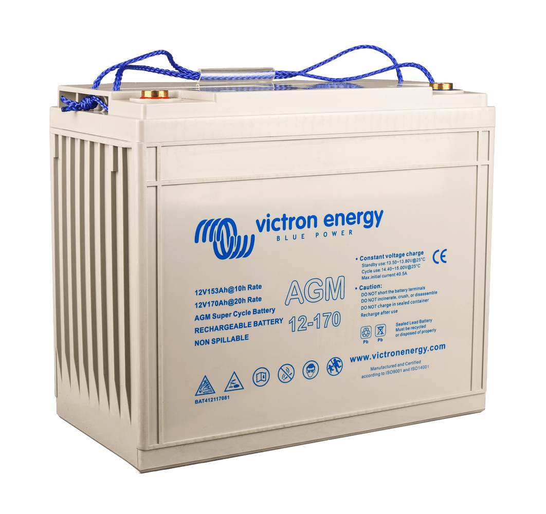 Perspective view of the grey 12V 170Ah AGM Super Cycle battery showing ribbed side casing