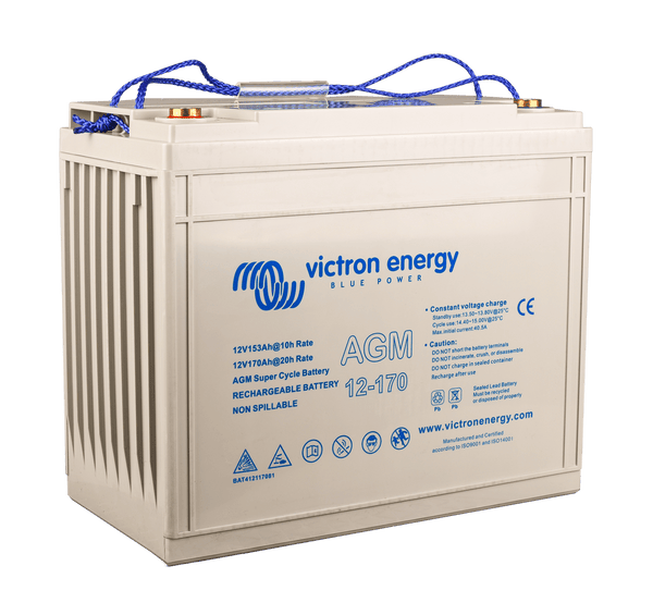Perspective view of the grey 12V 170Ah AGM Super Cycle battery showing ribbed side casing