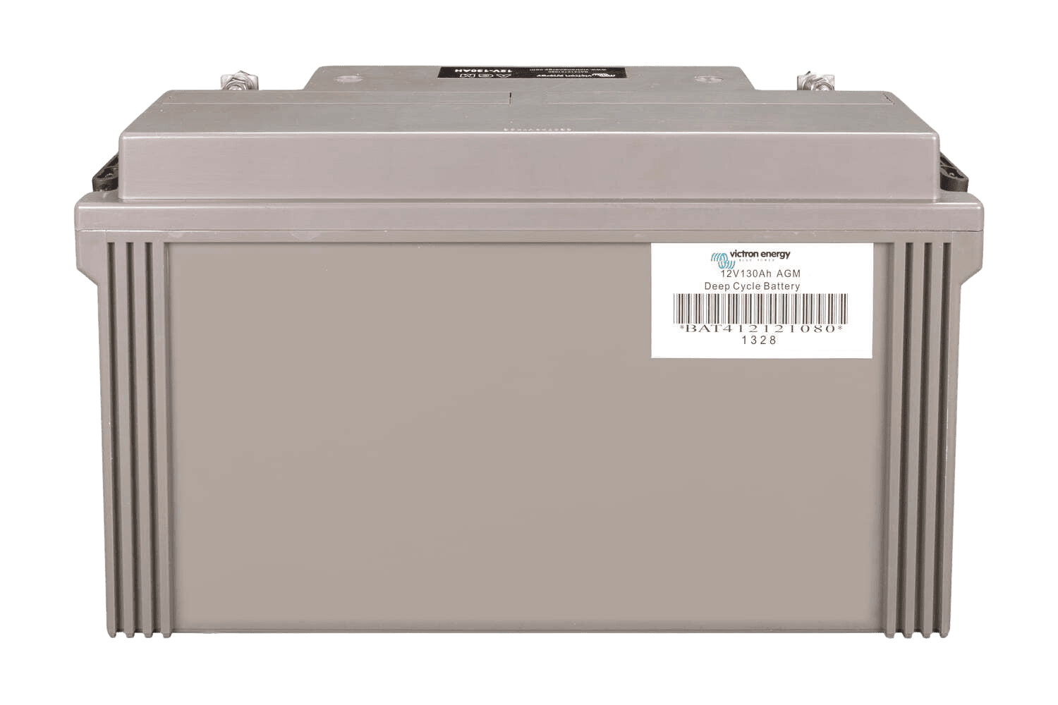 Rear view of the Victron AGM battery casing featuring product barcode and serial information sticker