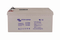 Front view of Victron 12V 220Ah AGM battery showing technical specifications and compliance marks